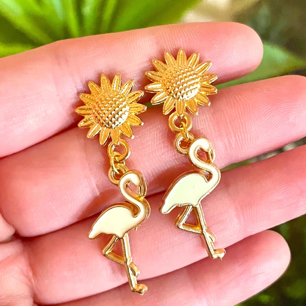 Gold Floral Flamingo Earrings